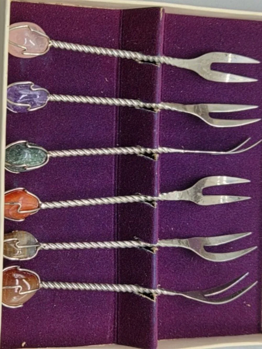 VTG Barasch Sylmar Gemstone Cocktail Forks Set of 6 Brazil Original Boxed MCM